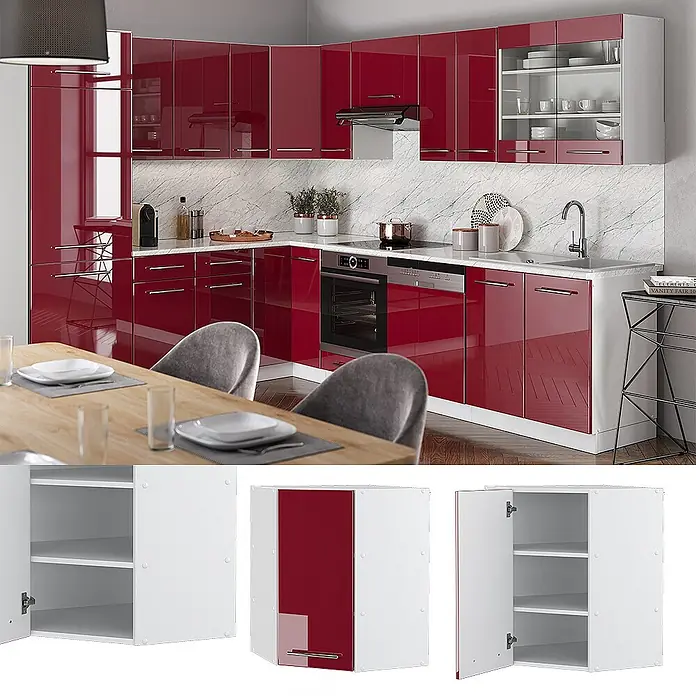 Vicco Schrankküche Fame-Line Bordeaux Hochglanz - Bordeaux Hochglanz, Eckhängeschrank 57 cm - Moderne hochglänzende rote und weiße modulare Küchenschränke.