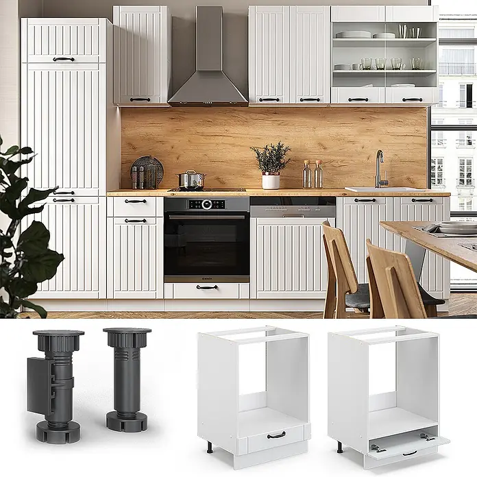 Vicco Schrankküche Fame-Line Weiß Landhaus, AP Anthrazit - Weiß Landhaus, Herdumbauschrank 60 cm, AP Anthrazit - Weiße vertäfelte Küchenschränke mit schwarzen Griffen und integrierten Geräten. Verstellbare Beine und Sockelschubladen sind ebenfalls abgebildet.