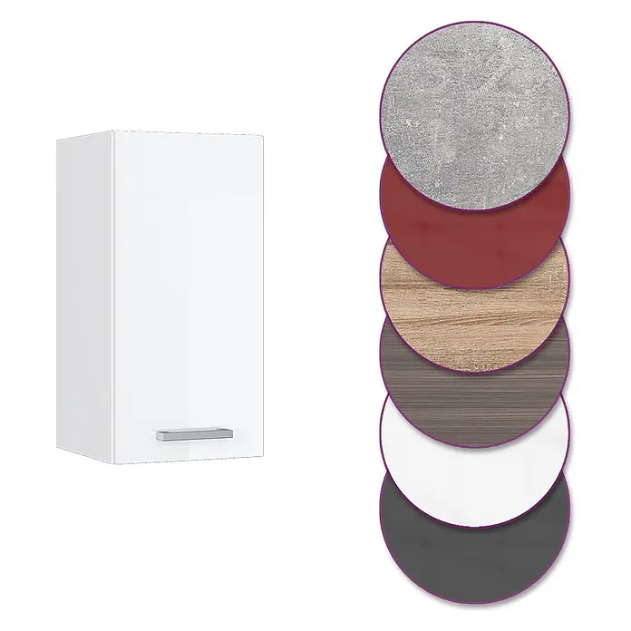 Vicco Schrankküche R-Line Weiß Hochglanz - Weiß Hochglanz, Hängeschrank 30 cm - Weißer Wandschrank mit Griff, zusammen mit Mustern für Oberflächen wie Beton, Holz, Rot, Weiß und Grau.