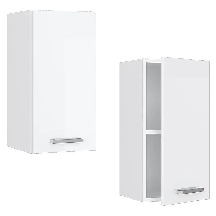 Vicco Schrankküche R-Line Weiß Hochglanz - Weiß Hochglanz, Hängeschrank 30 cm - Zwei weiße Küchenhängeschränke mit silbernen Griffen. Einer ist geschlossen, der andere offen mit einem Einlegeboden.