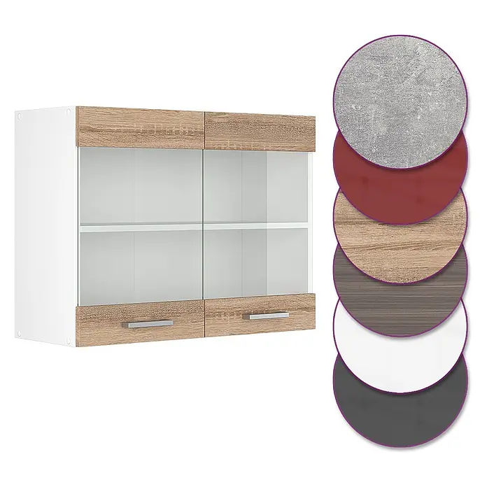 Vicco Schrankküche R-Line Sonoma - Sonoma, Hängeglasschrank 80 cm - Weißer Hängeschrank mit zwei Glastüren, Holzoptik-Akzenten und Metallgriffen, dazu Material- und Farbmuster.
