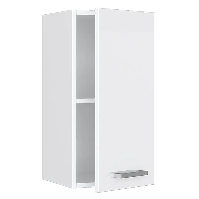 Vicco Schrankküche R-Line Weiß Hochglanz - Weiß Hochglanz, Hängeschrank 30 cm - Weißer Wandschrank mit teilweise geöffneter Tür, Regal im Inneren sichtbar, und silbernem Griff.