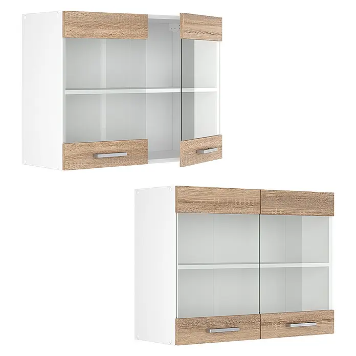 Vicco Schrankküche R-Line Sonoma - Sonoma, Hängeglasschrank 80 cm - Zwei identische weiße Küchenhängeschränke in Eichenoptik mit Glastüren und silbernen Griffen, einer mit geöffneten, einer mit geschlossenen Türen.