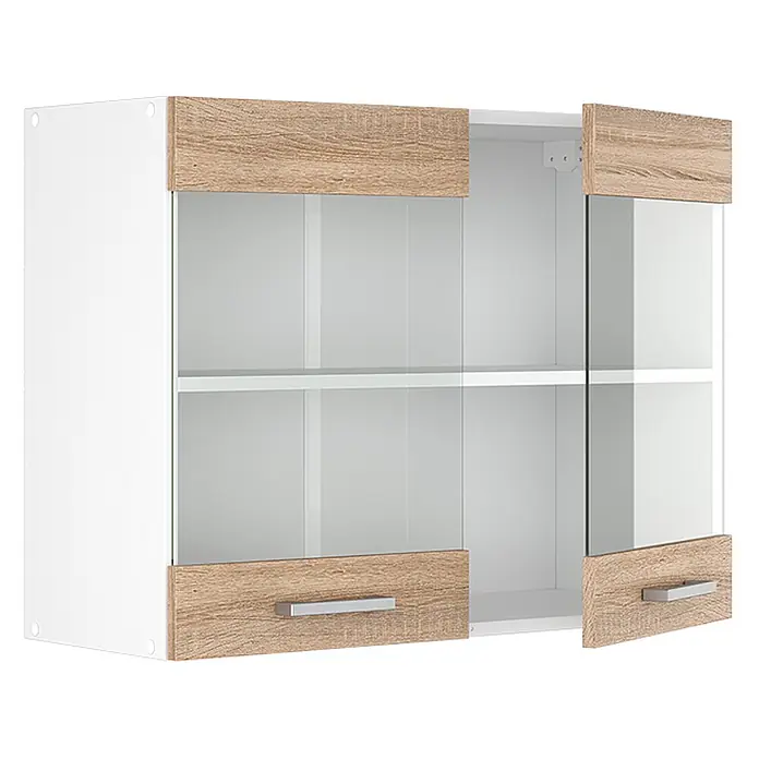 Vicco Schrankküche R-Line Sonoma - Sonoma, Hängeglasschrank 80 cm - Weißer Wandschrank mit hellen Holzleisten, Glastüren und silbernen Griffen, geöffnet, um Regale zu zeigen.