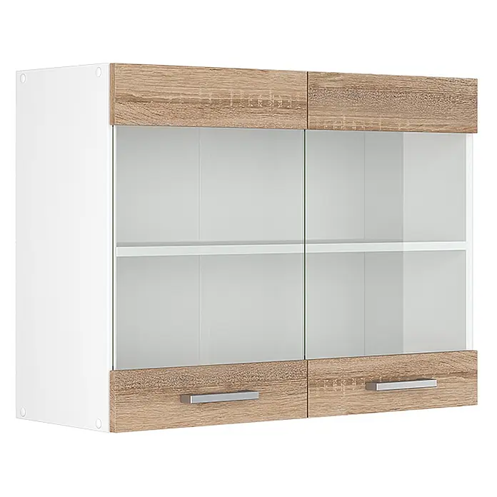 Vicco Schrankküche R-Line Sonoma - Sonoma, Hängeglasschrank 80 cm - Weißer Wandschrank mit hellen Holzfronten, zwei Glastüren und silbernen Griffen.