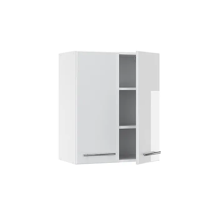 Vicco Schrankküche Fame-Line Weiß Hochglanz - Weiß Hochglanz, Hängeschrank 60 cm - Weißer Wandschrank mit zwei Türen, eine offen mit Regalböden, und silbernen Griffen.