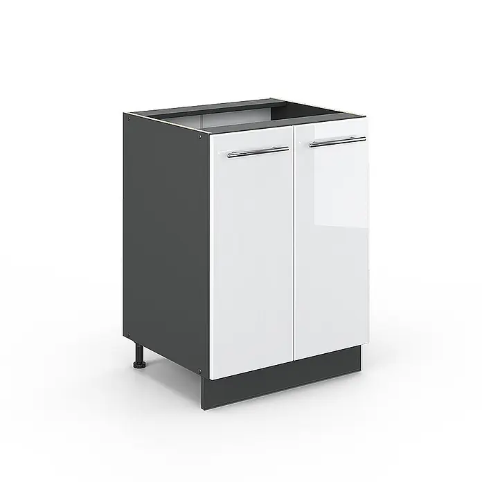 Vicco Schrankküche Fame-Line Weiß Hochglanz ohne Arbeitsplatte - Weiß Hochglanz, Unterschrank 60 cm - Küchenunterschrank mit dunkelgrauem Korpus, zwei glänzend weißen Türen mit silbernen Griffen, verstellbaren Füßen und einer dunkelgrauen Sockelleiste.