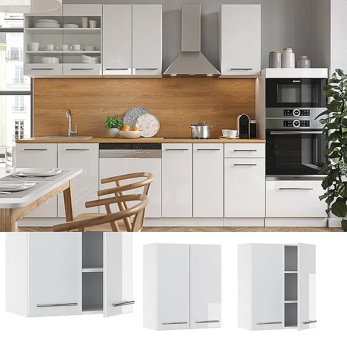 Vicco Schrankküche Fame-Line Weiß Hochglanz - Weiß Hochglanz, Hängeschrank 60 cm - Weiße Hochglanz-Küchenschränke mit Chromgriffen in einer modernen Küche mit Holzakzenten.