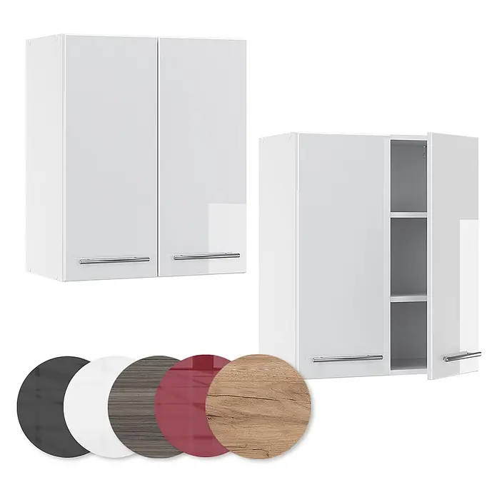 Vicco Schrankküche Fame-Line Weiß Hochglanz - Weiß Hochglanz, Hängeschrank 60 cm - Weiße Hochglanz-Küchenhängeschränke, einer geschlossen, einer offen mit Regalen, plus Farb-/Materialmuster.
