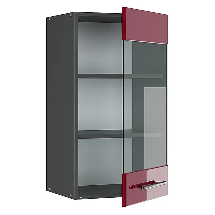 Vicco Schrankküche Fame-Line Bordeaux Hochglanz - Bordeaux Hochglanz, Hängeglasschrank 40 cm - Dunkelgrauer Wandschrank mit glänzender roter und Glastür, Innenablagen und silbernem Griff.