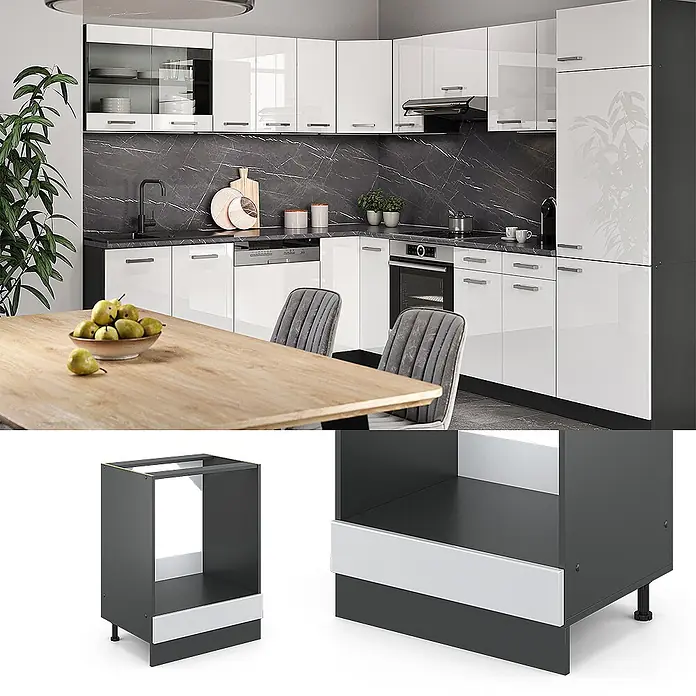 Vicco Schrankküche R-Line Weiß Hochglanz, AP Anthrazit - Weiß Hochglanz, Herdumbauschrank 60 cm, AP Anthrazit - Moderne Küche mit glänzenden weißen Schränken. Detail: Dunkelgrauer Backofenschrank mit weißer Sockelleiste und verstellbaren Füßen.