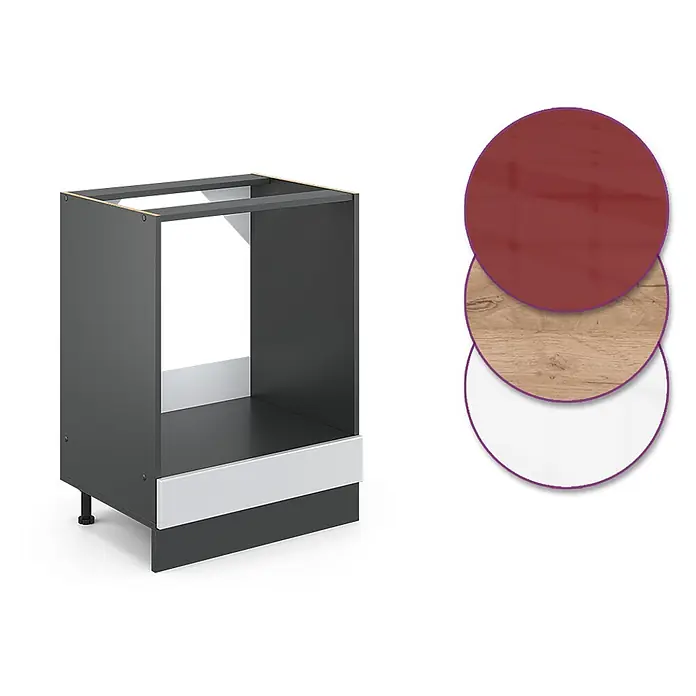 Vicco Schrankküche R-Line Weiß Hochglanz, AP Anthrazit - Weiß Hochglanz, Herdumbauschrank 60 cm, AP Anthrazit - Dunkelgrauer Küchenunterschrank mit hellgrauer Sockelleiste und drei Materialmustern: Rot, Holzmaserung, Weiß.