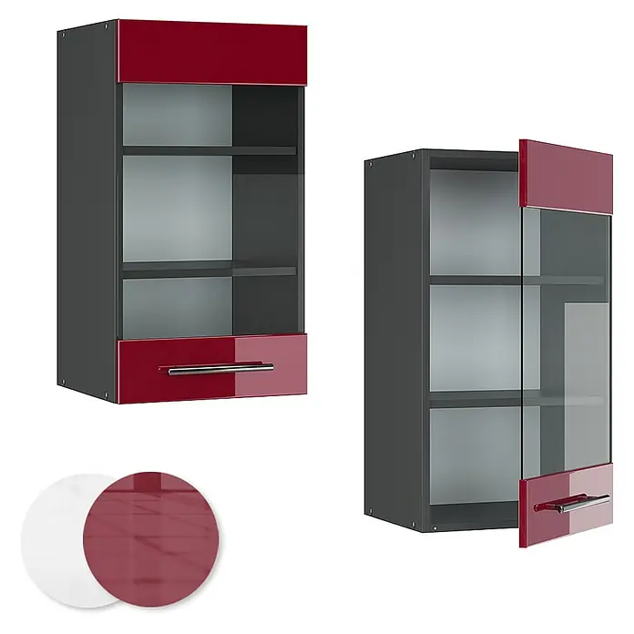 Vicco Schrankküche Fame-Line Bordeaux Hochglanz - Bordeaux Hochglanz, Hängeglasschrank 40 cm - Hochglanzroter und dunkelgrauer Hängeschrank mit Glastür und Schublade.