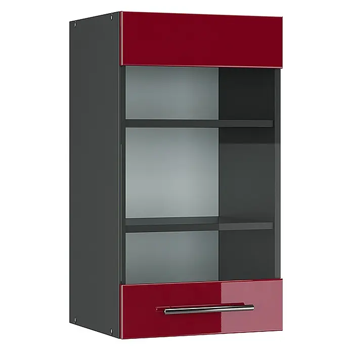 Vicco Schrankküche Fame-Line Bordeaux Hochglanz - Bordeaux Hochglanz, Hängeglasschrank 40 cm - Wandschrank mit dunkelgrauem Korpus, glänzender roter Oberseite, Regalen hinter einer transparenten Tür und einer roten Schublade mit Griff.