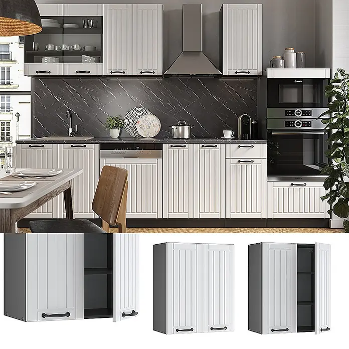 Vicco Schrankküche Fame-Line Weiß Landhaus - Weiß Landhaus, Hängeschrank 60 cm - Weiße Küchenschränke mit vertikaler Verkleidung und schwarzen Griffen in einer modernen Küche. Mit Ober- und Unterschränken, teils mit Glastüren.