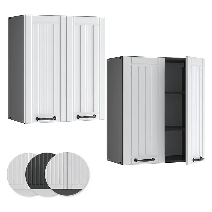 Vicco Schrankküche Fame-Line Weiß Landhaus - Weiß Landhaus, Hängeschrank 60 cm - Weiße und dunkelgraue Küchenhängeschränke mit gerillten Türen und schwarzen Griffen. Ein Schrank ist offen, mit Regalen.