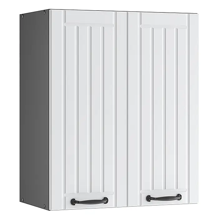Vicco Schrankküche Fame-Line Weiß Landhaus - Weiß Landhaus, Hängeschrank 60 cm - Weißer Wandschrank mit zwei Türen in vertikaler Lattenoptik und schwarzen Griffen. Dunkelgraue Seiten.