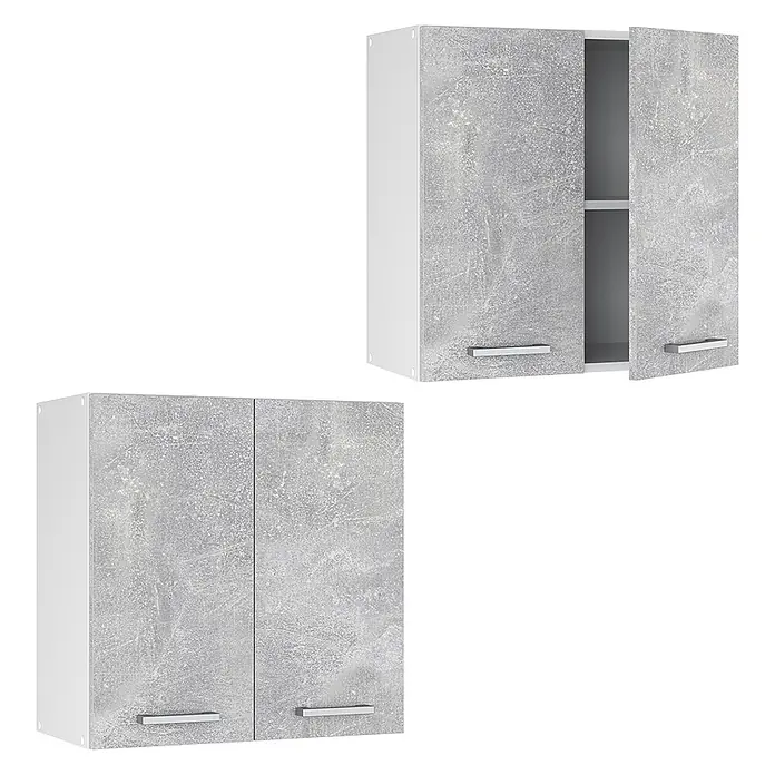 Vicco Schrankküche R-Line Beton - Beton, Hängeschrank 60 cm - Zwei Hängeschränke mit grauen Betonoptik-Türen und weißem Korpus. Einer ist geschlossen, der andere leicht geöffnet mit einem Einlegeboden.