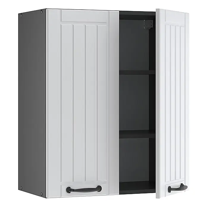 Vicco Schrankküche Fame-Line Weiß Landhaus - Weiß Landhaus, Hängeschrank 60 cm - Weißer Wandschrank mit gerillten Türen, dunklem Innenraum. Eine Tür offen, zeigt Regale und schwarze Griffe.