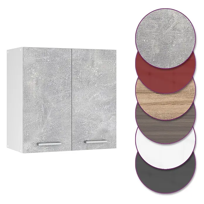 Vicco Schrankküche R-Line Beton - Beton, Hängeschrank 60 cm - Zweitüriger Wandschrank in Beton-Optik mit Farbmuster wie Rot, Holz, Weiß und Dunkelgrau.
