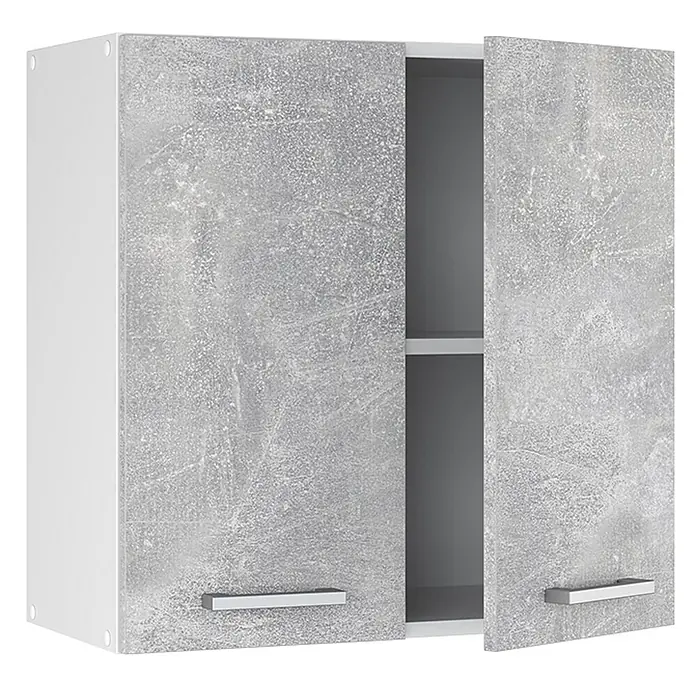 Vicco Schrankküche R-Line Beton - Beton, Hängeschrank 60 cm - Wandschrank mit zwei grauen Türen in Betonoptik, weißem Rahmen und silbernen Griffen, der Regale im Inneren zeigt.
