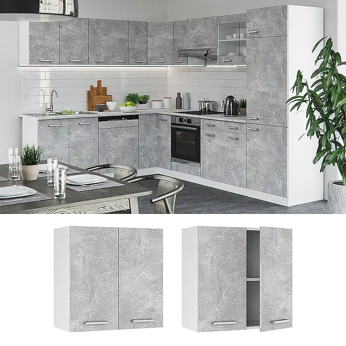 Vicco Schrankküche R-Line Beton - Beton, Hängeschrank 60 cm - Moderne Küche mit grauen Betonoptik-Schränken und weißem Korpus. Inklusive Hängeschrank, geschlossen und offen mit Regalen gezeigt.