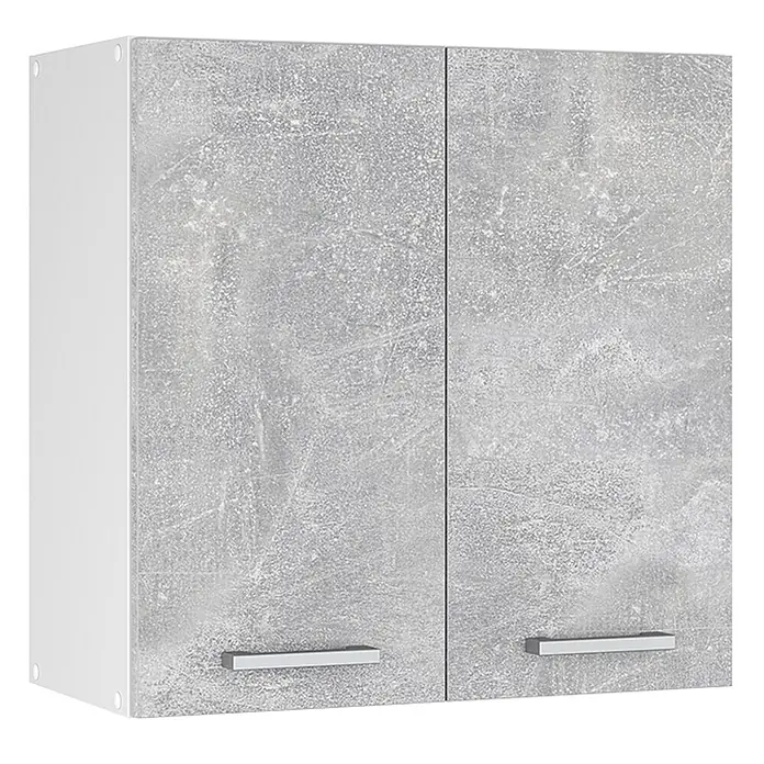 Vicco Schrankküche R-Line Beton - Beton, Hängeschrank 60 cm - Grauer Hängeschrank mit zwei Türen in Betonoptik, weißen Seiten und silbernen Griffen.