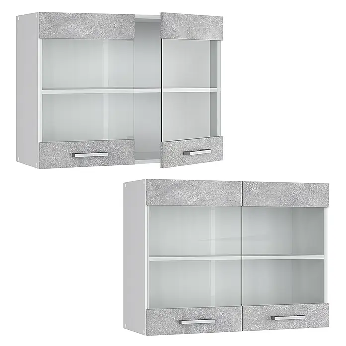 Vicco Schrankküche R-Line Beton - Beton, Hängeglasschrank 80 cm - Weiße Hängeschränke mit grauen Betonoptik-Fronten, Glastüren und Schubladen für stilvollen Stauraum.