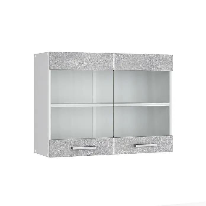Vicco Schrankküche R-Line Beton - Beton, Hängeglasschrank 80 cm - Grauer Hängeschrank in Betonoptik mit zwei Glastüren und zwei Schubladen, ideal zur Aufbewahrung.