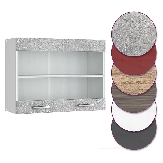 Vicco Schrankküche R-Line Beton - Beton, Hängeglasschrank 80 cm - Hängeschrank in Betonoptik Grau mit Glastüren, zwei Schubladen und Metallgriffen, dazu Farbmuster.