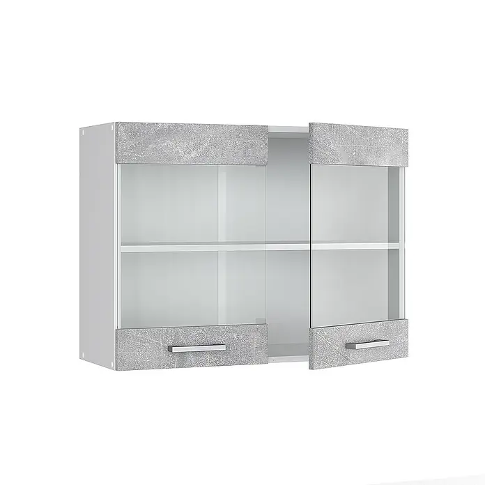 Vicco Schrankküche R-Line Beton - Beton, Hängeglasschrank 80 cm - Weißer Wandschrank mit Glas- und Betonoptik-Türen, eine leicht geöffnet mit Innenregalen.