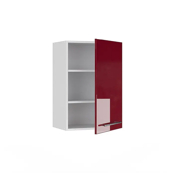 Vicco Schrankküche Fame-Line Bordeaux Hochglanz - Bordeaux Hochglanz, Hängeschrank 50 cm - Weißer Wandschrank mit teilweise geöffneter glänzender roter Tür und Chromgriff, der Innenfächer zeigt.
