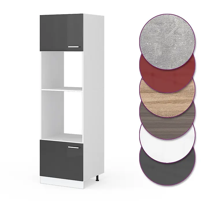 Vicco Schrankküche R-Line Anthrazit Hochglanz - Anthrazit Hochglanz, Mikrowellenumbauschrank 60 cm - Hoher Küchenschrank mit dunkelgrauen Hochglanztüren und weißen offenen Regalfächern, gezeigt mit Farb- und Materialmustern.