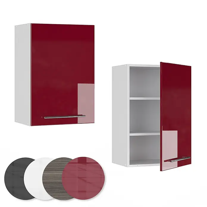 Vicco Schrankküche Fame-Line Bordeaux Hochglanz - Bordeaux Hochglanz, Hängeschrank 50 cm - Roter Hochglanz-Küchenhängeschrank, geschlossen und offen mit Regalen gezeigt, plus Farbmuster.