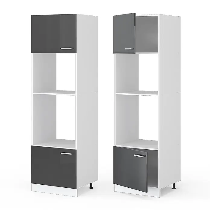 Vicco Schrankküche R-Line Anthrazit Hochglanz - Anthrazit Hochglanz, Mikrowellenumbauschrank 60 cm - Hoher weißer Aufbewahrungsschrank mit dunkelgrauen Hochglanztüren und offenen Fächern, geschlossen und geöffnet gezeigt.