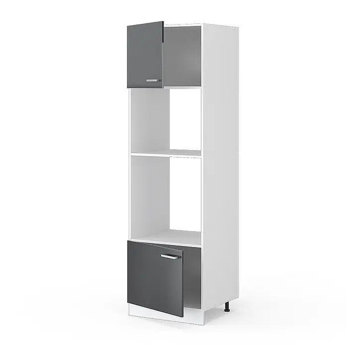 Vicco Schrankküche R-Line Anthrazit Hochglanz - Anthrazit Hochglanz, Mikrowellenumbauschrank 60 cm - Weißer Hochschrank mit zwei dunkelgrauen Türen und offenen Fächern, geeignet für die Küche.