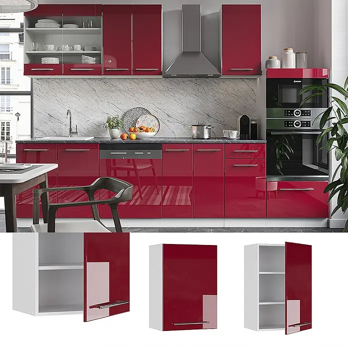 Vicco Schrankküche Fame-Line Bordeaux Hochglanz - Bordeaux Hochglanz, Hängeschrank 50 cm - Elegante, hochglanzrote Küchenschränke und Edelstahlgeräte in einer modernen Umgebung.