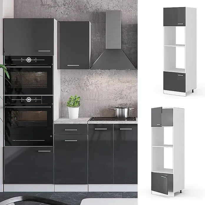 Vicco Schrankküche R-Line Anthrazit Hochglanz - Anthrazit Hochglanz, Mikrowellenumbauschrank 60 cm - Moderne Küche mit dunkelgrauen Hochglanzschränken und integrierten Geräten. Zeigt einen hohen weißen Modulschrank mit dunkelgrauen Türen.
