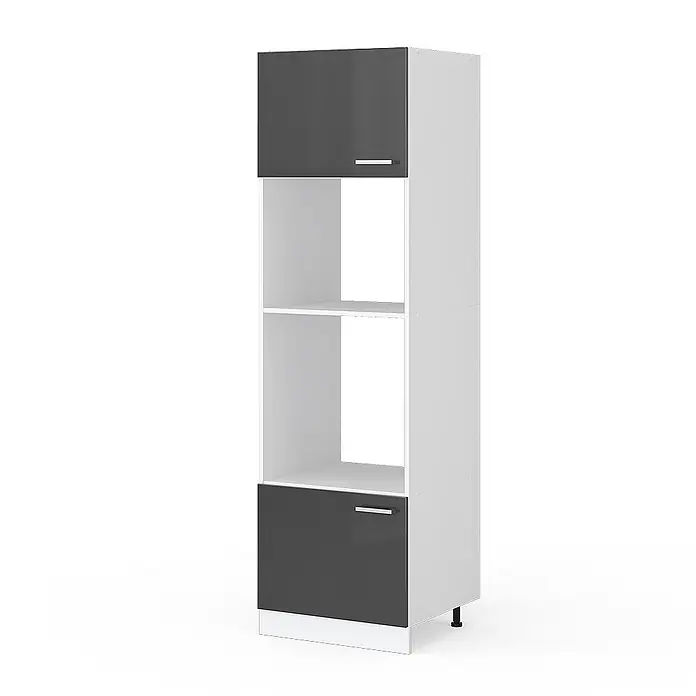 Vicco Schrankküche R-Line Anthrazit Hochglanz - Anthrazit Hochglanz, Mikrowellenumbauschrank 60 cm - Hoher weißer Küchenschrank mit dunkelgrauen Hochglanztüren und offenen Fächern in der Mitte für Geräte.