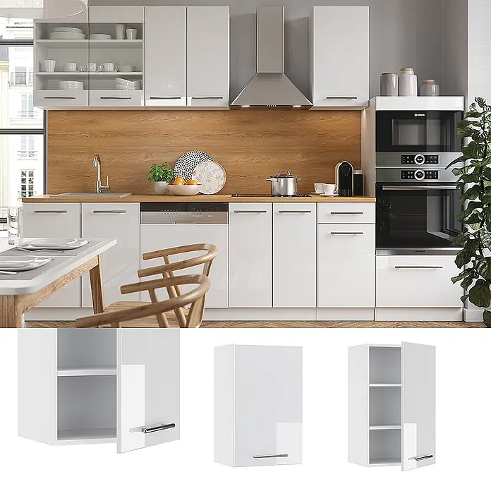 Vicco Schrankküche Fame-Line Weiß Hochglanz - Weiß Hochglanz, Hängeschrank 45 cm - Moderne weiße Hochglanzküche mit Holzakzenten, integrierten Geräten und Essbereich, zeigt Größe und Funktion.