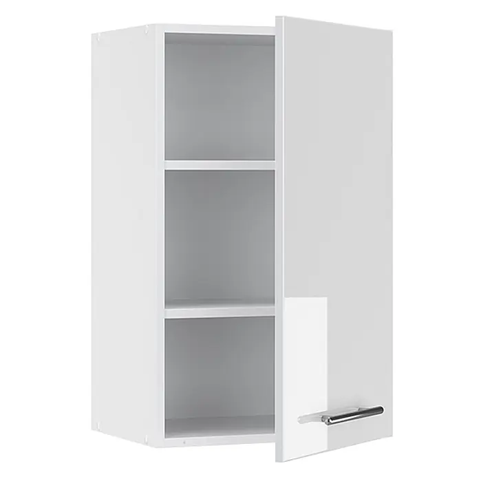 Vicco Schrankküche Fame-Line Weiß Hochglanz - Weiß Hochglanz, Hängeschrank 45 cm - Weißer Hängeschrank mit drei Fächern und teiloffener Tür mit silbernem Griff.