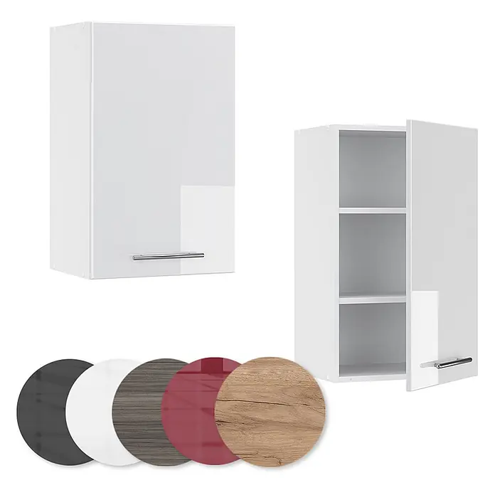 Vicco Schrankküche Fame-Line Weiß Hochglanz - Weiß Hochglanz, Hängeschrank 45 cm - Weißer Wandschrank, einer geschlossen und einer offen mit Regalböden, dazu verschiedene Oberflächenmuster.