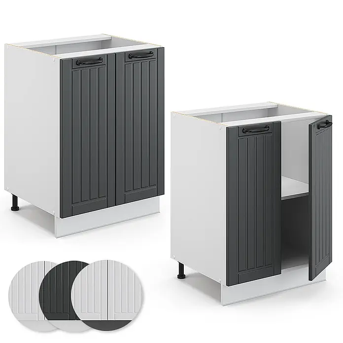 Vicco Schrankküche Fame-Line Anthrazit Landhaus, AP Marmor - Anthrazit Landhaus, Unterschrank 60 cm, AP Marmor - Zwei weiße Küchenunterschränke mit dunkelgrauen Lamellentüren und schwarzen Griffen. Einer geschlossen, der andere offen mit Innenablage.