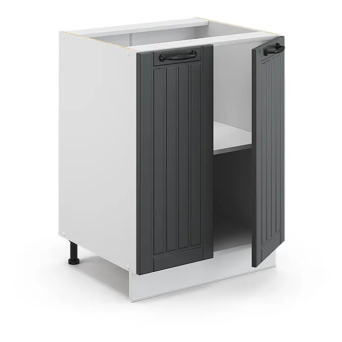 Vicco Schrankküche Fame-Line Anthrazit Landhaus, AP Marmor - Anthrazit Landhaus, Unterschrank 60 cm, AP Marmor - Weißer Küchenunterschrank mit zwei anthrazitfarbenen Lamellentüren, eine leicht geöffnet. Verstellbare Füße und Sockel.