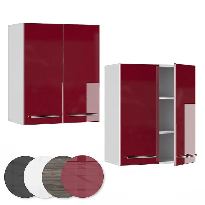 Vicco Schrankküche Fame-Line Bordeaux Hochglanz - Bordeaux Hochglanz, Hängeschrank 60 cm - Glänzende rote Küchenhängeschränke mit weißen Korpen, Chromgriffen und Innenfächern. Farbmuster sind ebenfalls abgebildet.