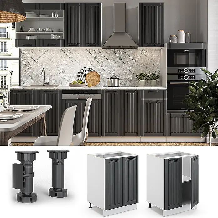 Vicco Schrankküche Fame-Line Anthrazit Landhaus, AP Marmor - Anthrazit Landhaus, Unterschrank 60 cm, AP Marmor - Dunkelgraue Küchenschränke mit Lamellenfront in moderner Küche, mit Unterschränken und verstellbaren Füßen.