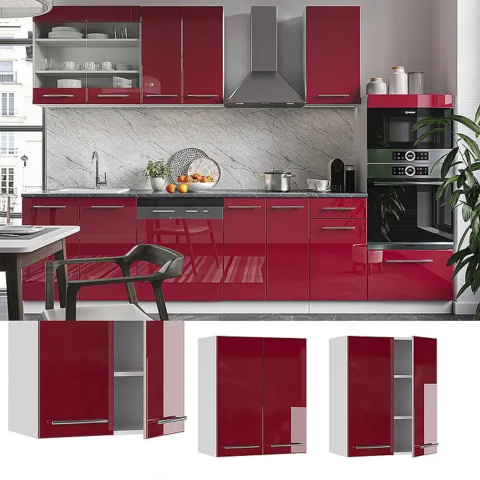 Vicco Schrankküche Fame-Line Bordeaux Hochglanz - Bordeaux Hochglanz, Hängeschrank 60 cm - Moderne Küche mit hochglänzenden roten Ober- und Unterschränken und integrierten Geräten.