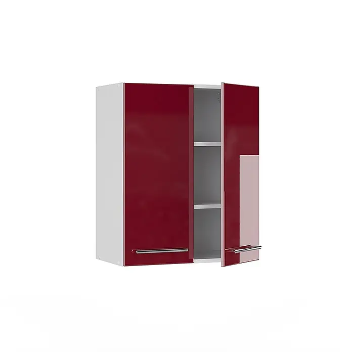 Vicco Schrankküche Fame-Line Bordeaux Hochglanz - Bordeaux Hochglanz, Hängeschrank 60 cm - Roter glänzender Küchenwandschrank mit weißem Korpus, zwei Türen, Innenregalen und Chromgriffen.