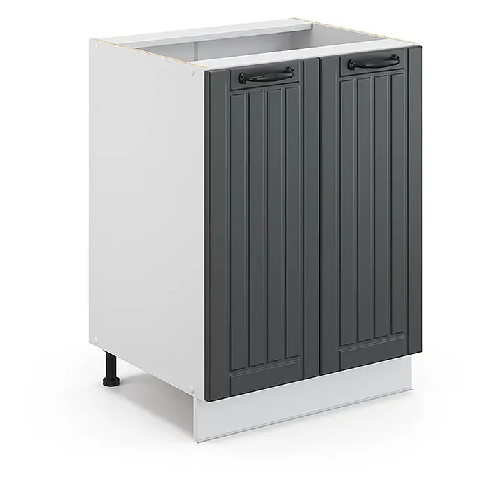 Vicco Schrankküche Fame-Line Anthrazit Landhaus ohne Arbeitsplatte - Anthrazit Landhaus, Unterschrank 60 cm - Weißer Küchenunterschrank mit dunkelgrauen gerillten Türen und schwarzen Griffen auf Sockel.