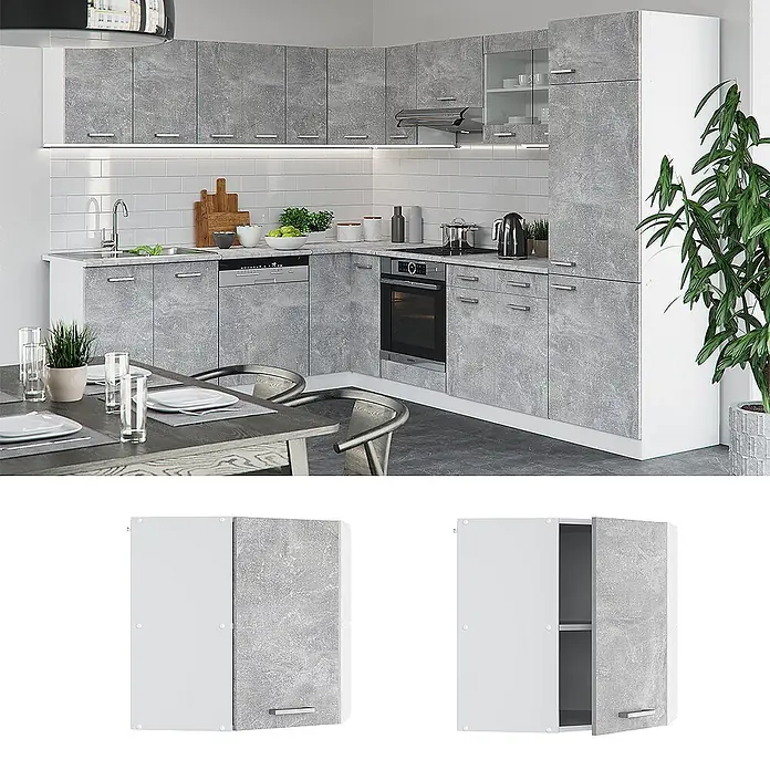 Vicco Schrankküche R-Line Beton - Beton, Eckhängeschrank 57 cm - Moderne graue Eckküche in Betonoptik mit mehreren Schränken, Schubladen und integrierten Geräten für effizienten Stauraum.